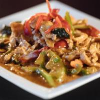 Pad Ped · Spicy. Spicy curry paste with bell pepper and basil. Choice of beef, pork, chicken, tofu, or...