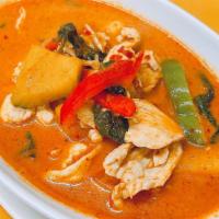 Golden Pumpkin Curry · Thai pumpkin in red curry with bell peppers and basil leaves with choice of meat. Choice of ...