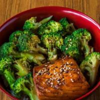 Teriyaki Salmon · Grilled sushi grade salmon, steam broccoli top with teriyaki sauce