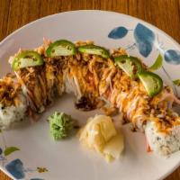 Jalapeno Roll · crab salad, avocado, cucumber top with crab stick jalapeno, and crunch onion