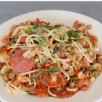 Pasta Pepperoni · Spaghetti, pepperoni, and ground sausage, tossed with basil, garlic, diced tomatoes, and Rom...