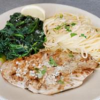 Grilled Chicken Italiano · Boneless breast of chicken - grilled, served with pasta and sautéed spinach.