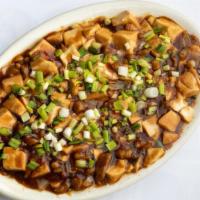 Ma Poo Tofu · Tofu with minced pork, red pepper, green onion, and mushroom.