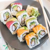 Rainbow Roll · Crab, avocado, cucumber inside; five kinds of fish on top.