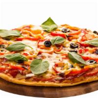 Vegetable Pizza · Freshly baked pizza with black olives, mushrooms, bell peppers, and red onions.