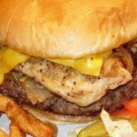 Burger Chic · big burger, chicken breast, double American cheese, and double grilled onions on a toasted b...