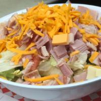 Chef Salad · Turkey, ham, swiss, American, and cheddar cheese, and tomatoes.
Choose your dressing!