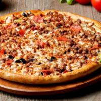 Big 10 · Italian Sausage, Pepperoni, Beef, Canadian Bacon, Sausage, Bacon, Green Peppers, Mushrooms, ...