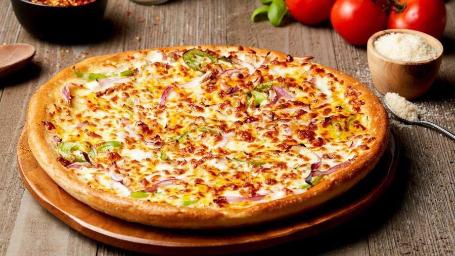Chicken Bacon Ranch · Savory Chicken, Bacon, Onions, Green Peppers, with Mozzarella Cheese on our signature Ranch Dressing