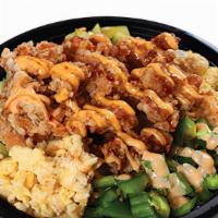 Wow Bowl · Steamed rice with crispy chicken, scrambled egg, cucumber, bell pepper and Japanese nori on ...