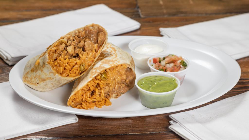 Burrito · Fire braised chicken, al pastor pork, steak, or tamales – tortilla grilled and stuffed with rice, beans, and 3 kinds of cheese. Served with pico de gallo, sour cream, avocado salsa, and arbol salsa.