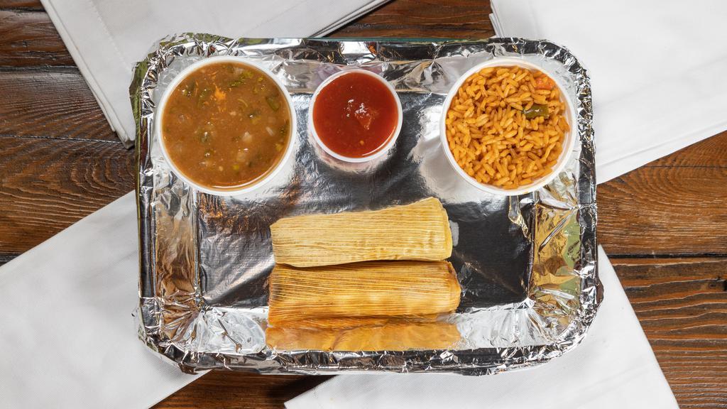 Tamale Plate (2) · Your choice of the following tamales: pork, beef, hatch pork, chicken, habanero pork, or black bean – 2  tamales served with your choice of refried beans, charro beans, or black beans and rice.