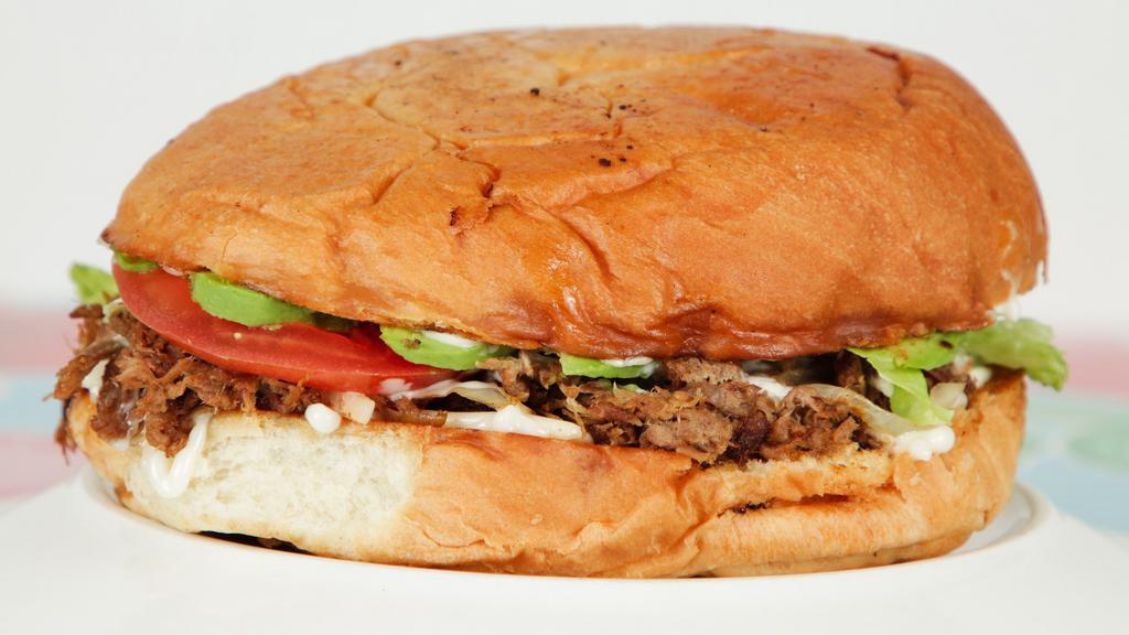 Shredded Beef · Grilled Onions / Swiss Cheese / Crema / Avocado / Tomato / Lettuce / Mayo Choice