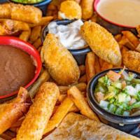 Botana Mexicana · Spicy. Rolled taquitos, queso dip, breaded jalapeños, quesadillas, beans and guacamole.
