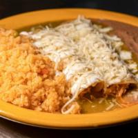 Enchiladas Dinner · 3 enchiladas with chicken, beef or cheese topped with red or green sauce, sour cream, queso ...