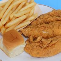 Tender Dinner · 3 PC Chicken Tenders with 1 side order and 1 dinner roll.