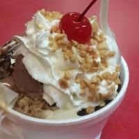 Sundae · Two scoops, any ice cream, topping, whipped cream, nuts, and a Cherry.