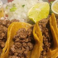 Tacos Personal · 4 Tacos (Choose up to 1 meat: Option of Trompo w pineapple,  Chicken, or Carne Asada) ,  Cil...