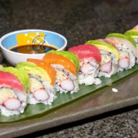 Rainbow Roll · Kani avocado cucumber topped with fresh tuna salmon yellowtail and white fish.
