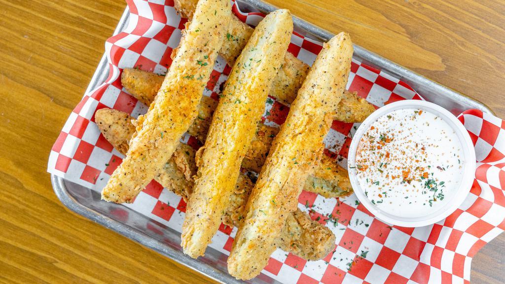 Fried Pickles · Vegetarian, Breaded Pickle spears served with a side of ranch.