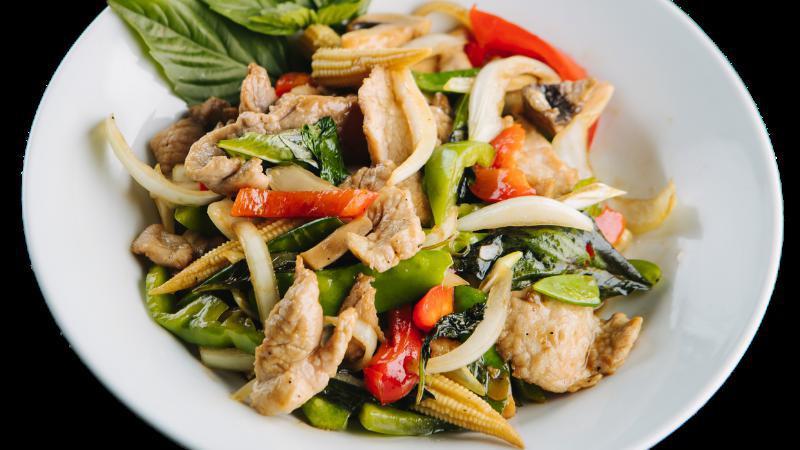 Sweet Basil · Bell pepper, onions, mushrooms, snow peas and baby corn stir fried in spicy Thai basil sauce.