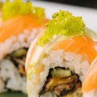 Midnight Roll · Eel, cucumber, avocado top with Alaskan salmon and green tobiko and spicy mayo