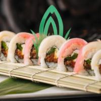 Retro Roll · Spicy tuna, jalapenos, cream cheese, top with white tuna and yellow fin tuna with a side of ...