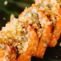 Typhoon Roll · Tempura shrimp, asparagus, crawfish, cucumber, avocado, masago and eel sauce