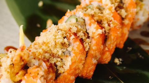 Typhoon Roll · Tempura shrimp, asparagus, crawfish, cucumber, avocado, masago and eel sauce