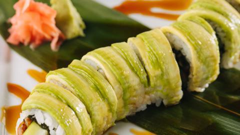 Caterpillar Roll · Eel, cucumber top with layer avocado