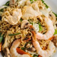 Thai Lomein · Stir fried egg noodles, cabbage, onions, Japanese mushrooms, snow peas, carrots and brown sa...