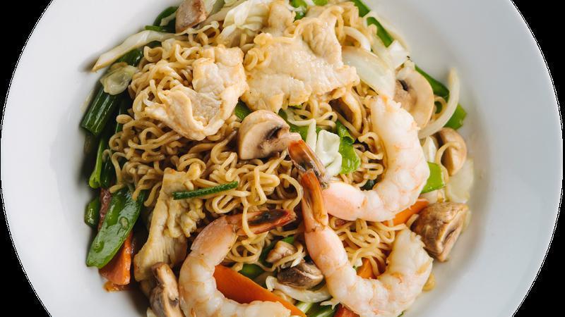 Thai Lomein · Stir fried egg noodles, cabbage, onions, Japanese mushrooms, snow peas, carrots and brown sauce