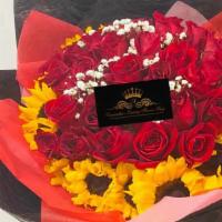 Sunflowers & Roses · Beautiful bouquet. With 25 roses and 9 sunflower black paper and red paper