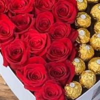 Luxury Heart Flower Box  And Ferrer Chopcolate · heart box and half chocolate and half roses  white  and  black  Luxury box