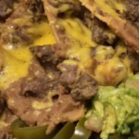 Beef Or Chicken Nachos · Tortilla chips topped with beans, cheese, beef or chicken fajita; served with sour cream, le...