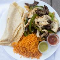Beef Or Chicken Fajita Plate · Sauteed chicken or beef fajita with bell peppers and onions, with side of guacamole and pico...