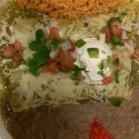 Enchilada Plate · One cheese enchilada served with mexican rice, and refried beans.