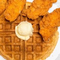 Grande Chicken And Waffles · 1 Large Waffle, 4 Crispy Chicken Tenders.