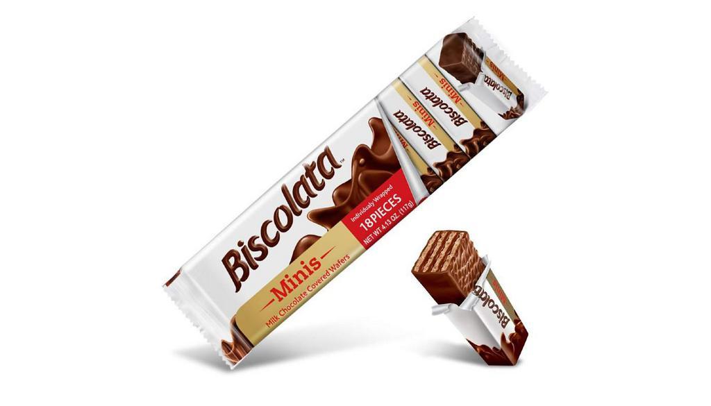 Biscolata Minis Milk Chocolate Wafer Bars 4.13 Oz · HAZELNUT CREAM BETWEEN DELICIOUS WAFERS - COVERED IN PURE MILK CHOCOLATE - BITE SIZE ECSTASY INDIVIDUALLY WRAPPED