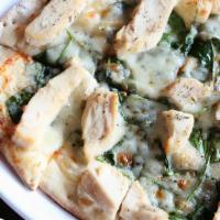 Chicken Spinach Alfredo Pizza - Large · Grilled Chicken, Spinach, Alfredo Sauce and Smoked Provolone Cheese