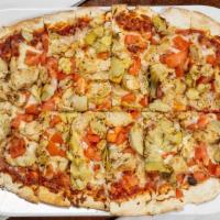 Cali Pizza - Medium · Grilled Chicken, Roma Tomatoes, Artichoke Hearts and Marinara Sauce