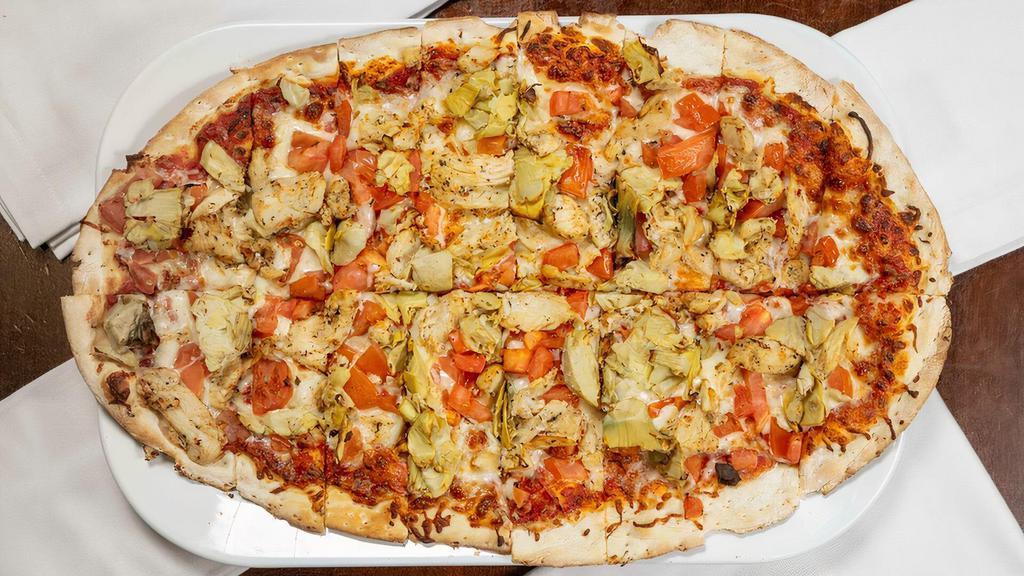 Cali Pizza - Large · Grilled Chicken, Roma Tomatoes, Artichoke Hearts and Marinara Sauce