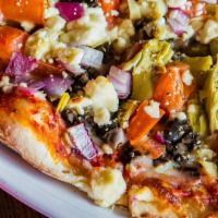 Greek Pizza - Large · Roma tomatoes, black olives, feta cheese, artichoke hearts and red onion.