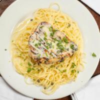 Chicken Piccata · Served with Lemon Butter Caper Sauce over Angel Hair Pasta