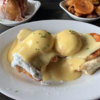 Bed & Breakfast · Chef's favorite. Buttered biscuit, 3 regular bacon, 2 poached eggs, hollandaise sauce, warm ...