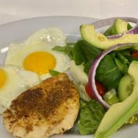 Keto Delight · Grilled chicken breast, 2 eggs, & garden salad with avocado.