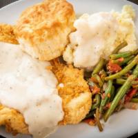 Chicken Fried Chicken · Golden chicken fried chicken breast, white gravy, 2 eggs, home fries or pancakes. also serve...
