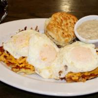 Southern Sausage Stacker · Chef's favorite. Grilled sausage patties, crispy potato pancakes, 3 scrambled eggs, melted c...