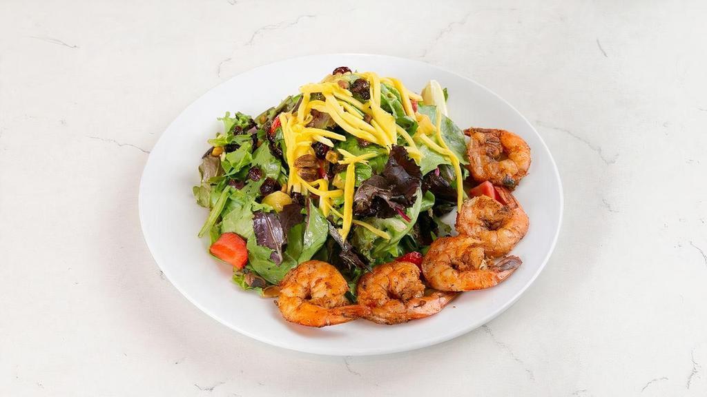 Blackened Shrimp Salad [Gf][Df] · mixed greens, pineapple, strawberries, mango, pistachios, cranberries & raisins; tossed with our garlic hemp poppy seed dressing & topped with blackened shrimp