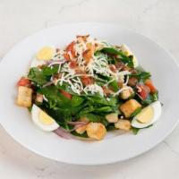 Spinach Salad · fresh spinach, hard boiled eggs, bacon, diced tomatoes, red onions, sliced cremini mushrooms...